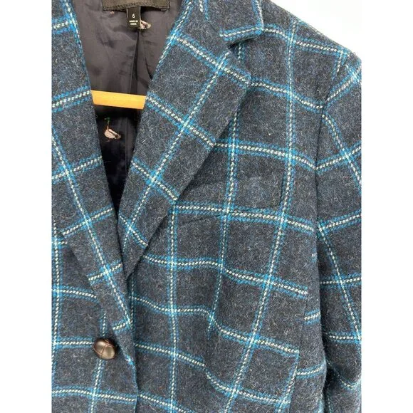 Talbots Womens 6 Wool Blend Navy & Turquoise Plaid Blazer AOP Lining Academia - Picture 2 of 11